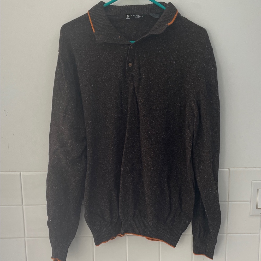 VTG Silk/Wool Blend Bachrach Dark Brown Sweater with Orange Trim 1/4 Button